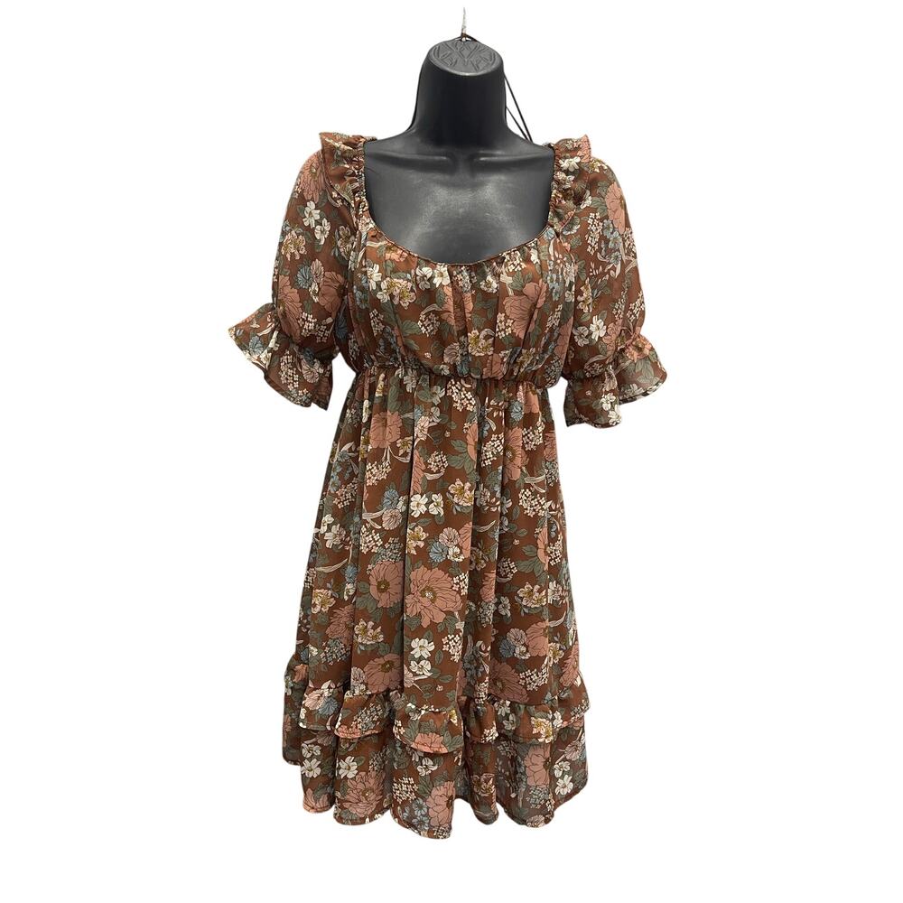 By The River baby doll dress Brown flower pattern Small
